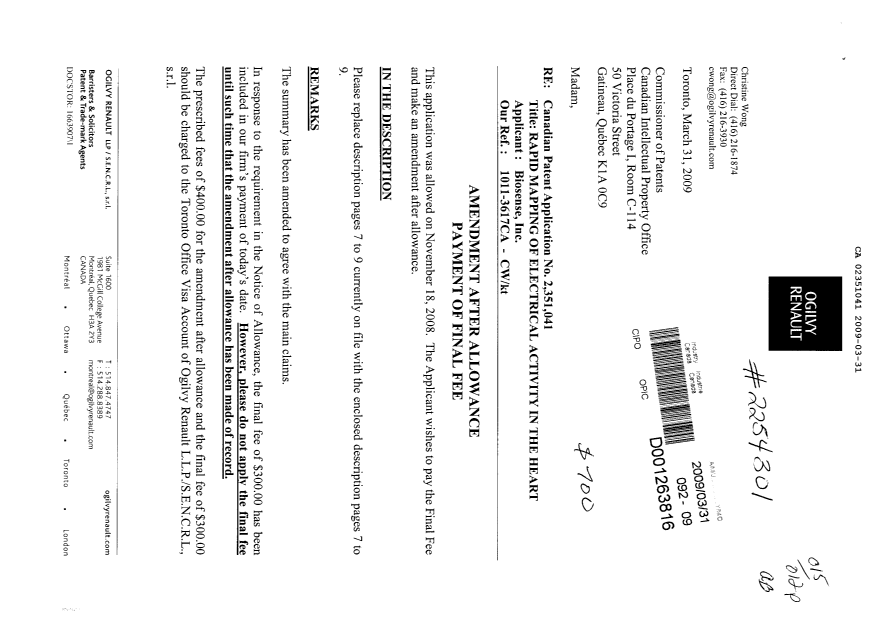 Document de brevet canadien 2351041. Correspondance 20090331. Image 1 de 2