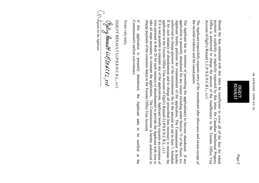 Canadian Patent Document 2351041. Correspondence 20090331. Image 2 of 2