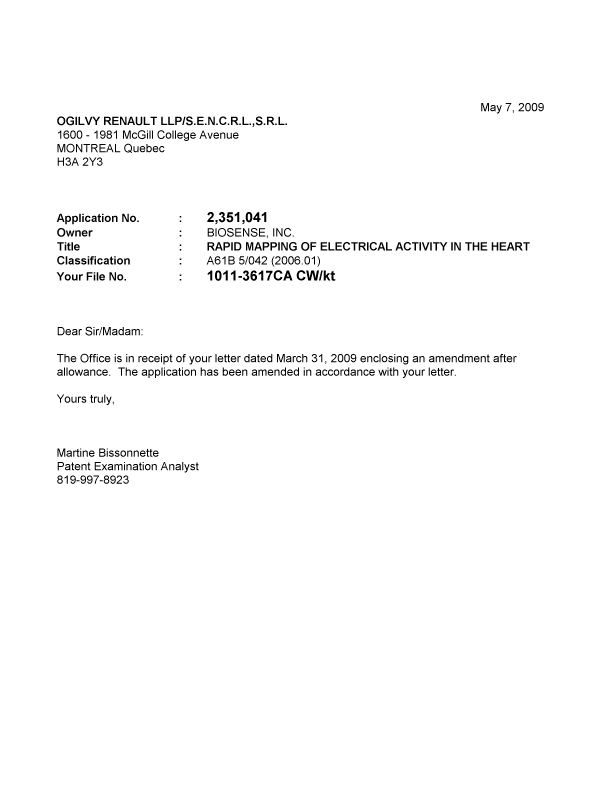 Canadian Patent Document 2351041. Prosecution-Amendment 20090507. Image 1 of 1