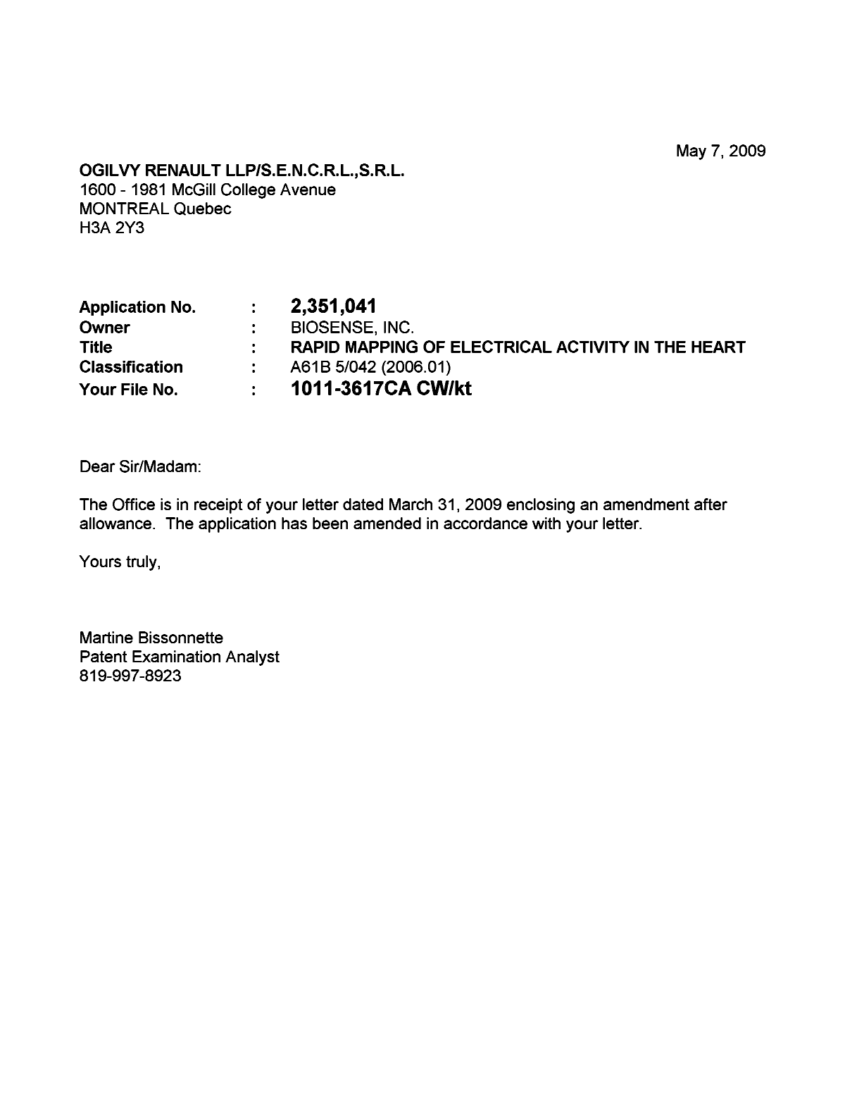 Document de brevet canadien 2351041. Poursuite-Amendment 20090507. Image 1 de 1