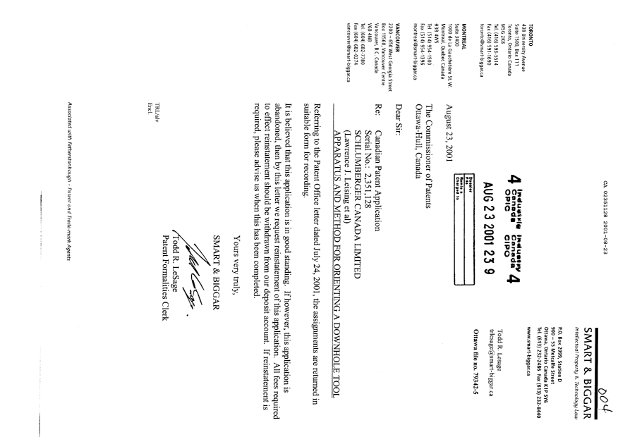 Document de brevet canadien 2351128. Cession 20010823. Image 1 de 4