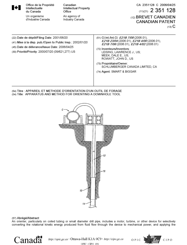 Canadian Patent Document 2351128. Cover Page 20060324. Image 1 of 2