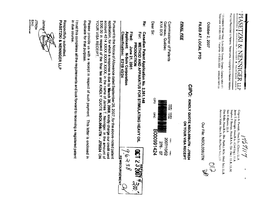 Document de brevet canadien 2351148. Correspondance 20071023. Image 2 de 3