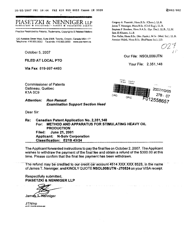 Canadian Patent Document 2351148. Correspondence 20071023. Image 3 of 3
