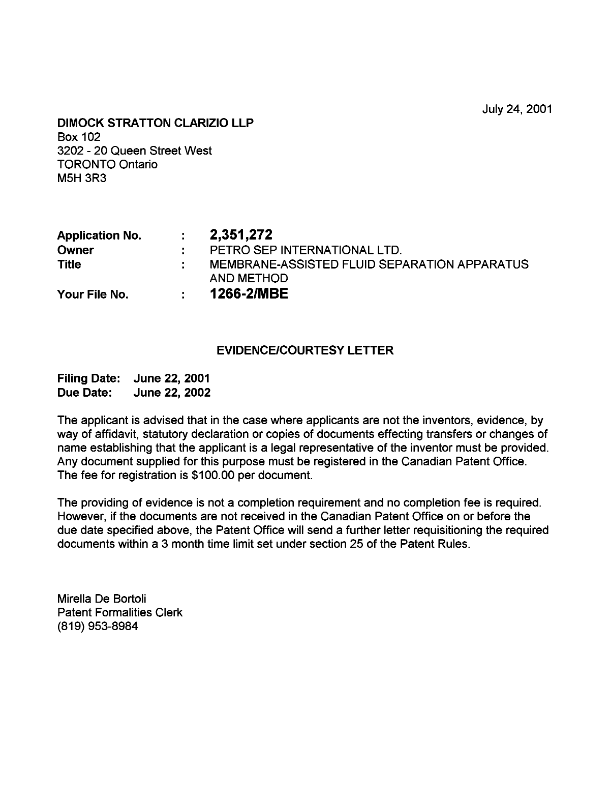 Document de brevet canadien 2351272. Correspondance 20010719. Image 1 de 1