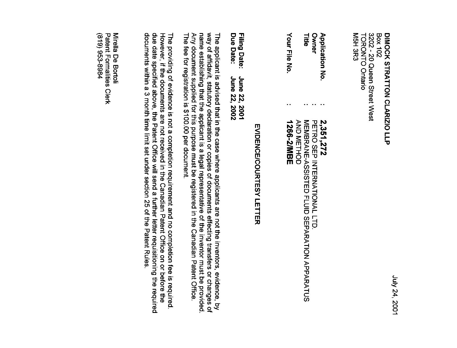 Canadian Patent Document 2351272. Correspondence 20010719. Image 1 of 1