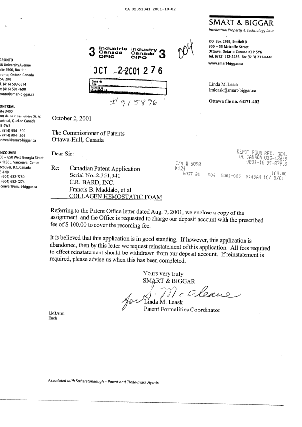 Document de brevet canadien 2351341. Cession 20011002. Image 1 de 7
