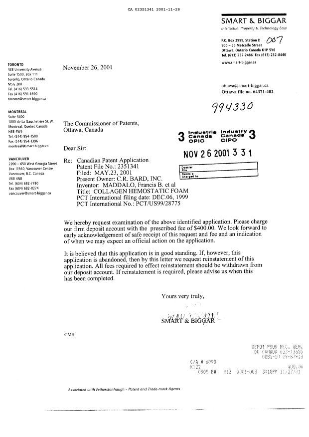Document de brevet canadien 2351341. Poursuite-Amendment 20011126. Image 1 de 1