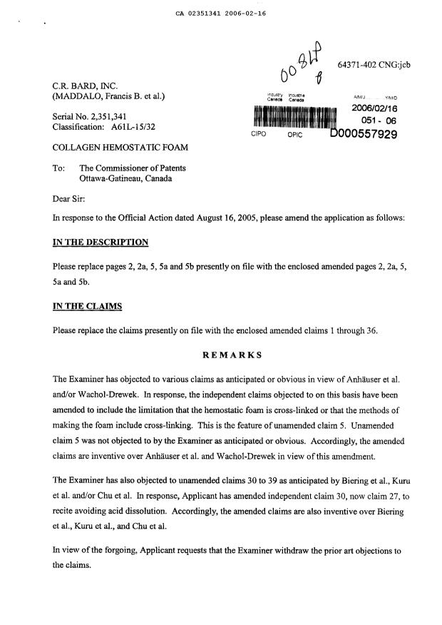 Document de brevet canadien 2351341. Poursuite-Amendment 20060216. Image 1 de 13