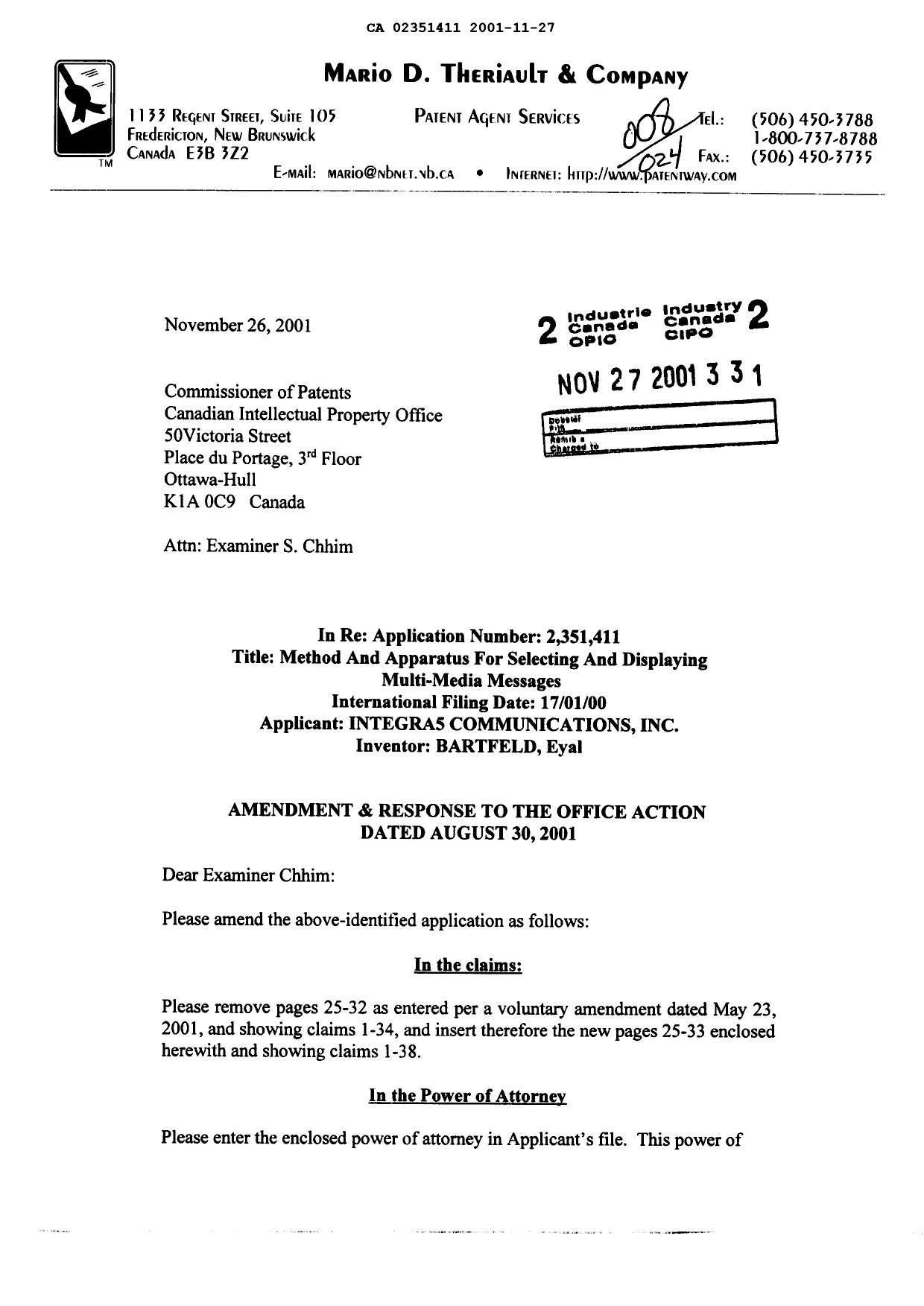 Document de brevet canadien 2351411. Poursuite-Amendment 20011127. Image 1 de 12