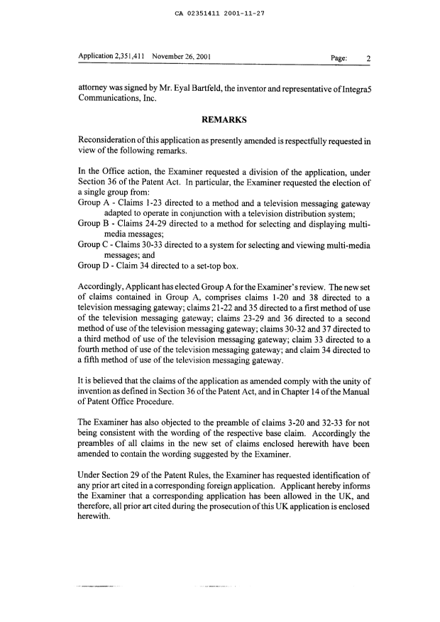 Document de brevet canadien 2351411. Poursuite-Amendment 20011127. Image 2 de 12