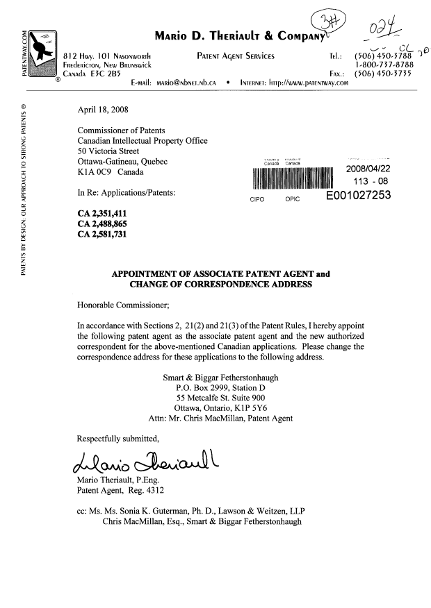 Document de brevet canadien 2351411. Correspondance 20080422. Image 1 de 1