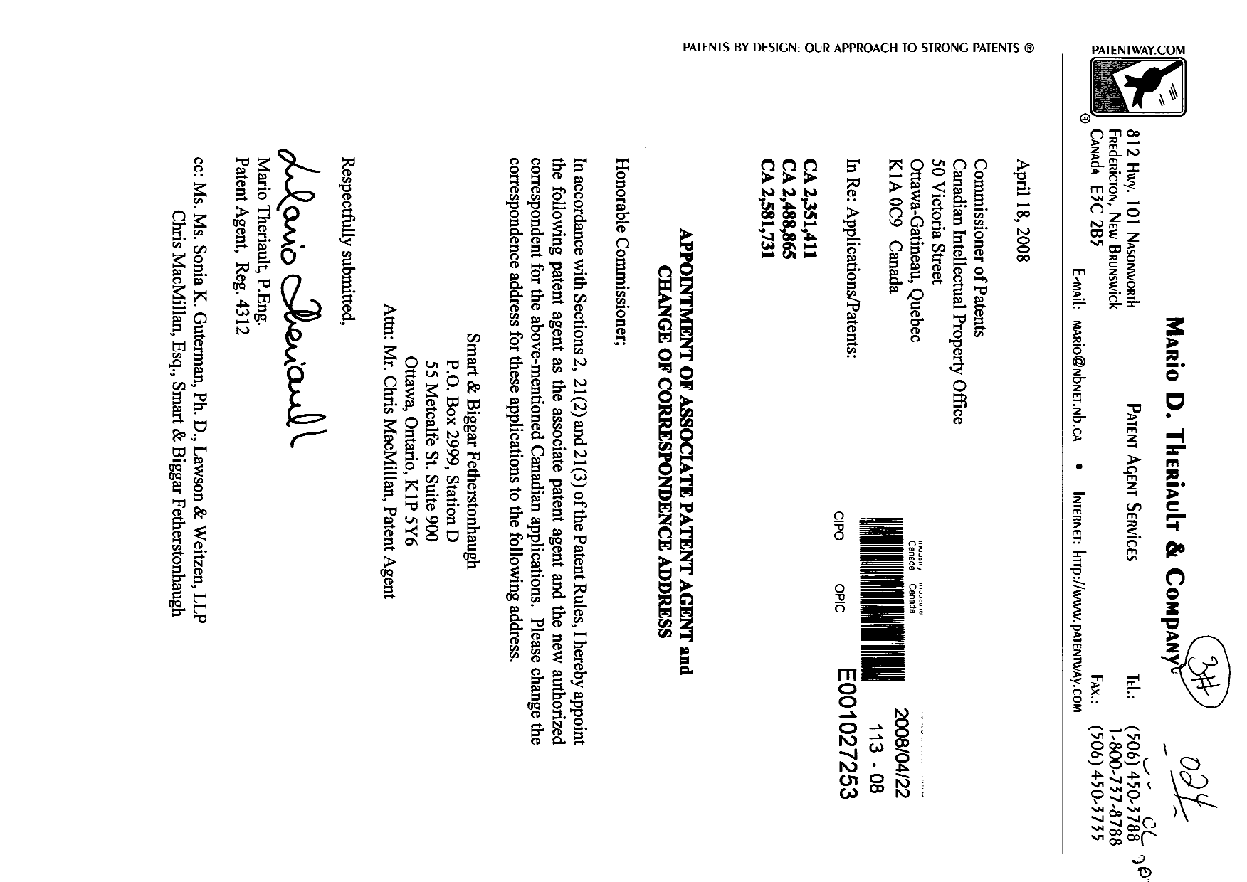 Canadian Patent Document 2351411. Correspondence 20080422. Image 1 of 1