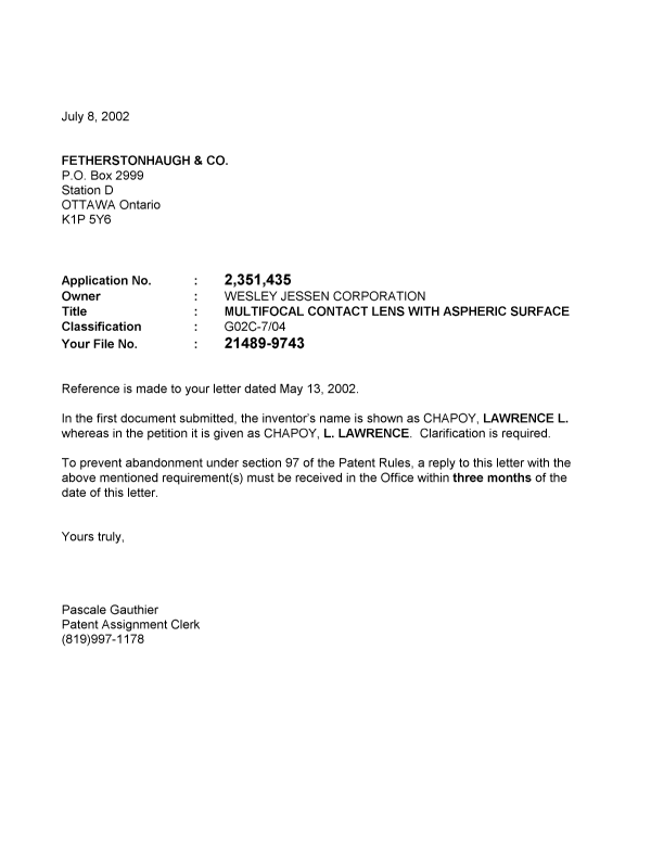 Canadian Patent Document 2351435. Correspondence 20020708. Image 1 of 1