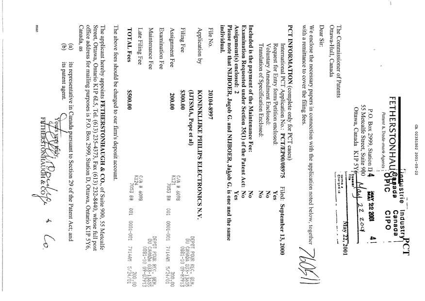 Document de brevet canadien 2351502. Cession 20010522. Image 1 de 7