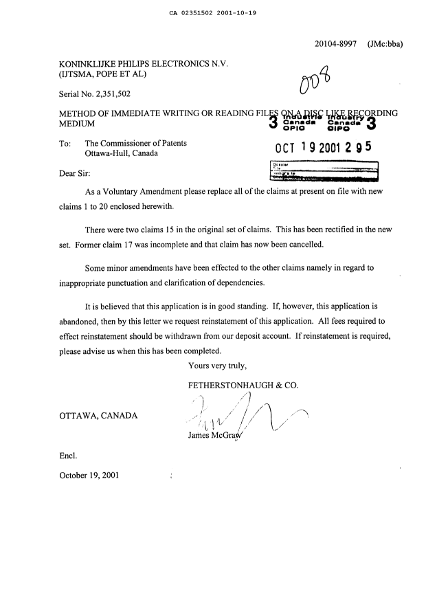 Document de brevet canadien 2351502. Poursuite-Amendment 20011019. Image 1 de 8