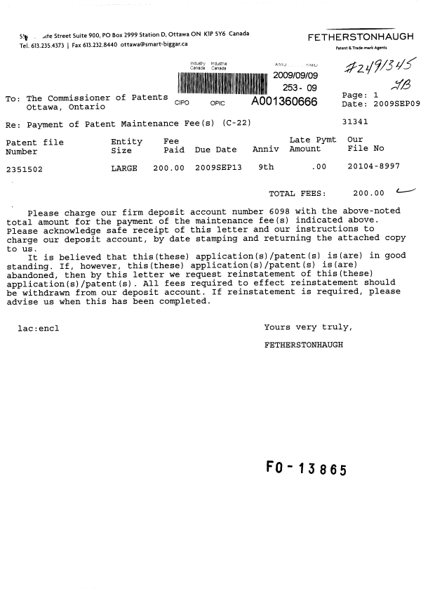 Document de brevet canadien 2351502. Taxes 20090909. Image 1 de 1
