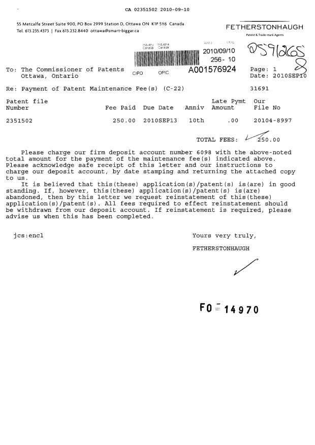 Document de brevet canadien 2351502. Taxes 20100910. Image 1 de 1