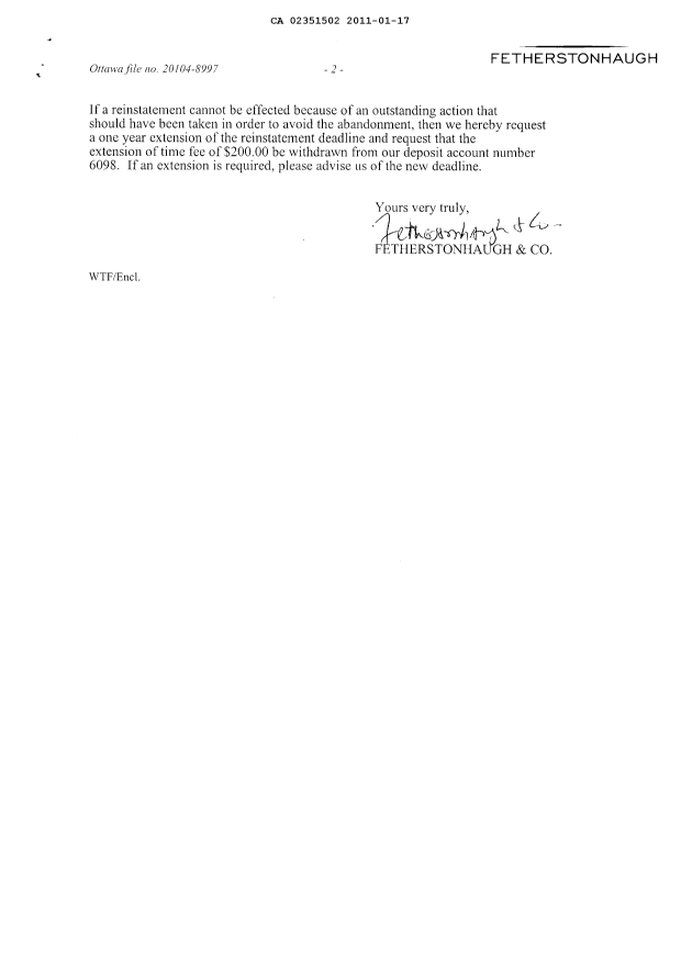 Document de brevet canadien 2351502. Correspondance 20101217. Image 2 de 2