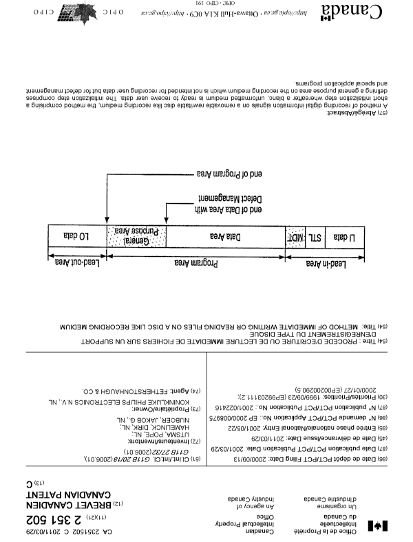 Document de brevet canadien 2351502. Page couverture 20101224. Image 1 de 1