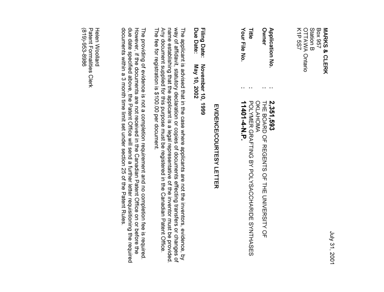 Document de brevet canadien 2351593. Correspondance 20010725. Image 1 de 1