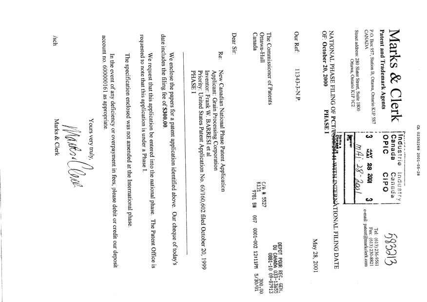 Document de brevet canadien 2352269. Cession 20010528. Image 1 de 2