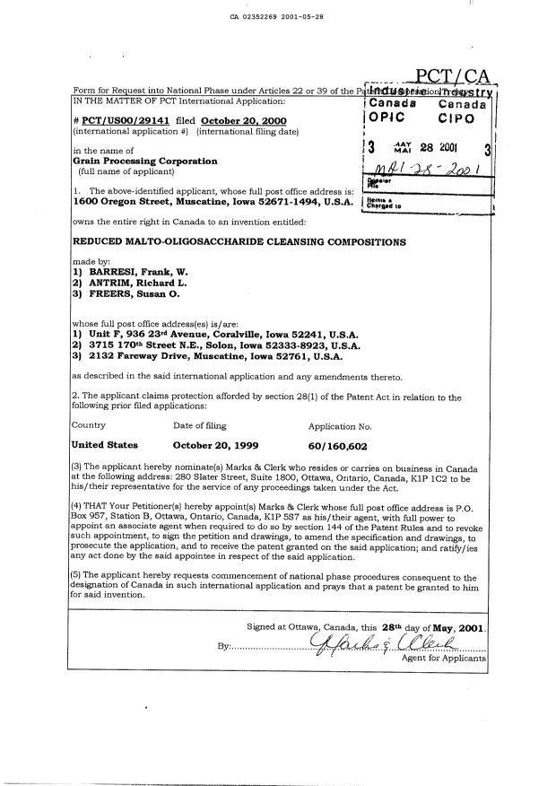 Document de brevet canadien 2352269. Cession 20010528. Image 2 de 2