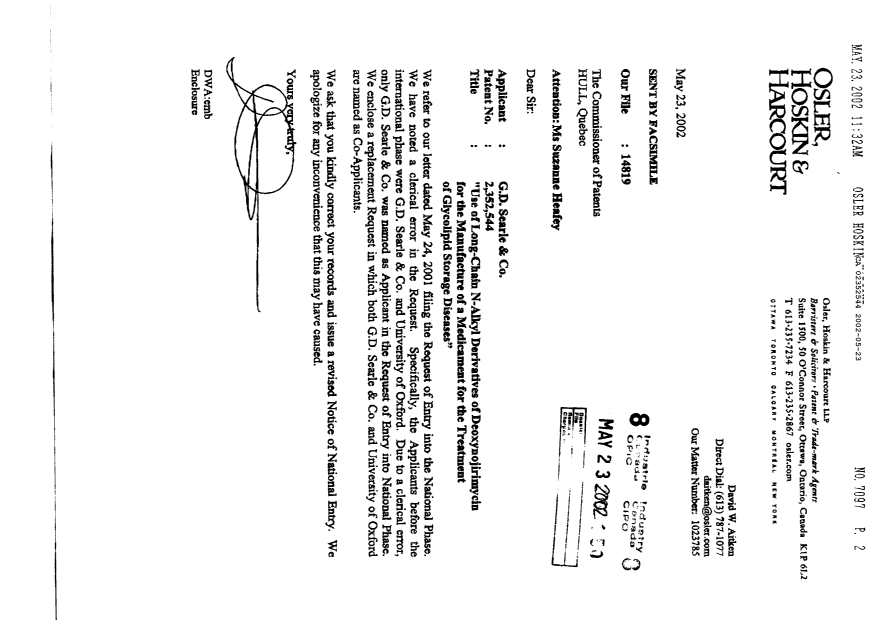 Document de brevet canadien 2352544. Correspondance 20020523. Image 1 de 3