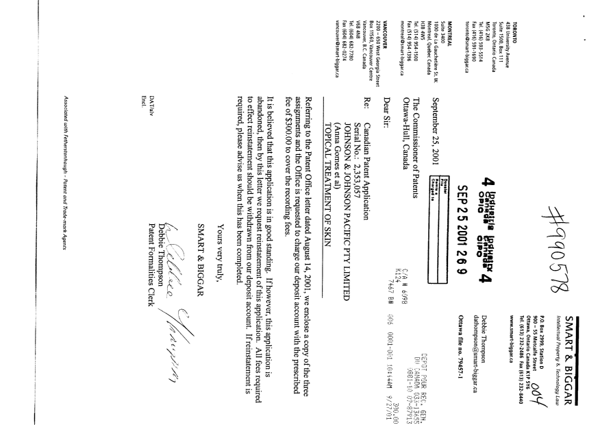 Canadian Patent Document 2353057. Assignment 20010925. Image 1 of 4