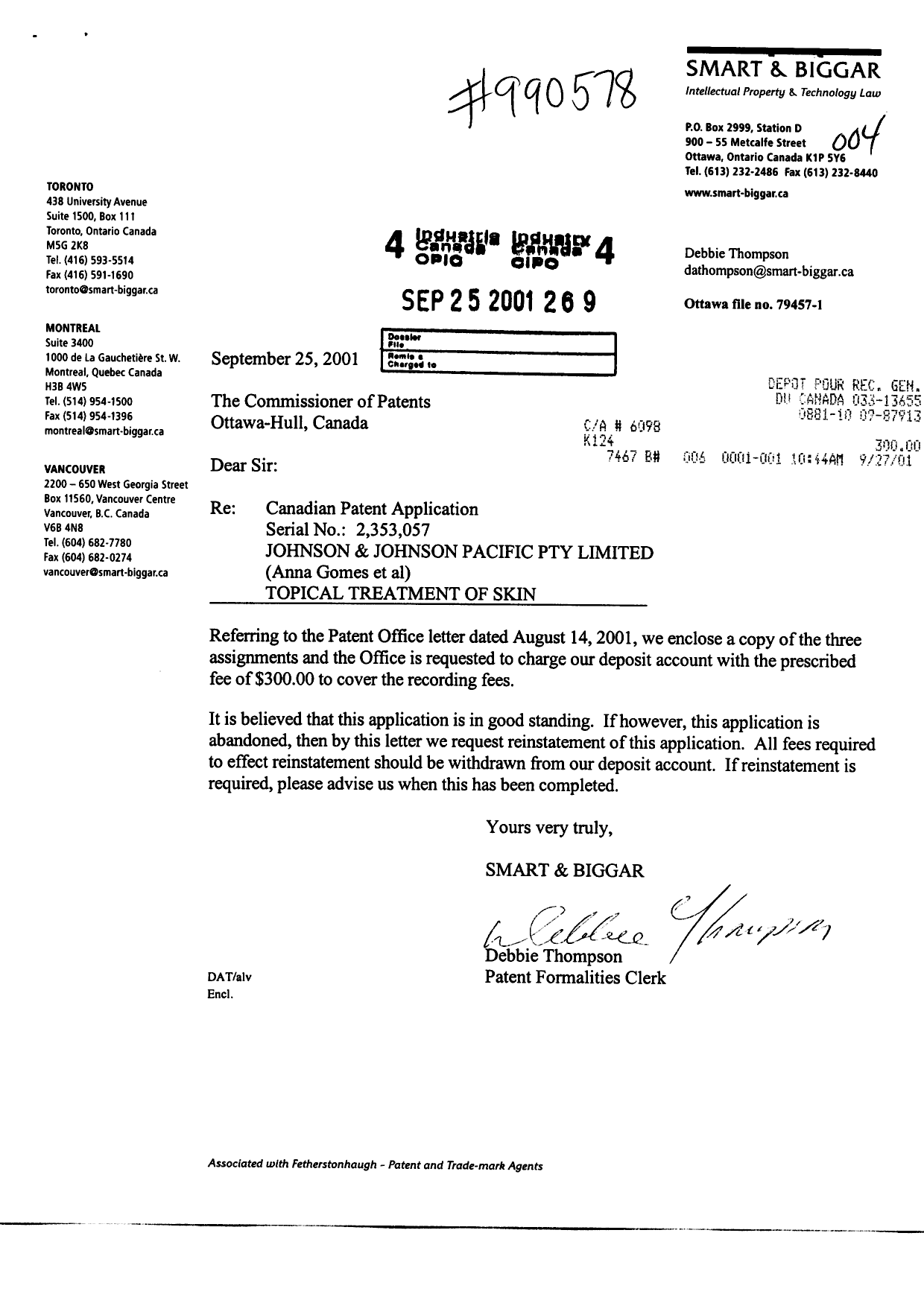 Document de brevet canadien 2353057. Cession 20010925. Image 1 de 4
