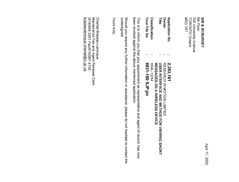 Document de brevet canadien 2353161. Correspondance 20020417. Image 1 de 1