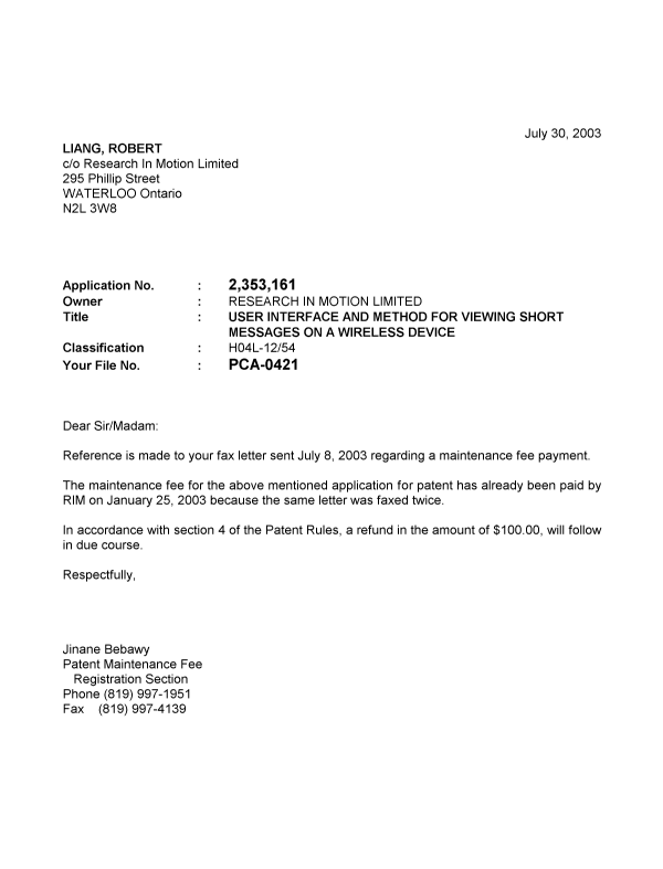 Document de brevet canadien 2353161. Correspondance 20030730. Image 1 de 1