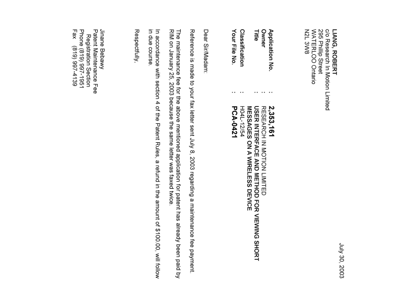 Canadian Patent Document 2353161. Correspondence 20030730. Image 1 of 1