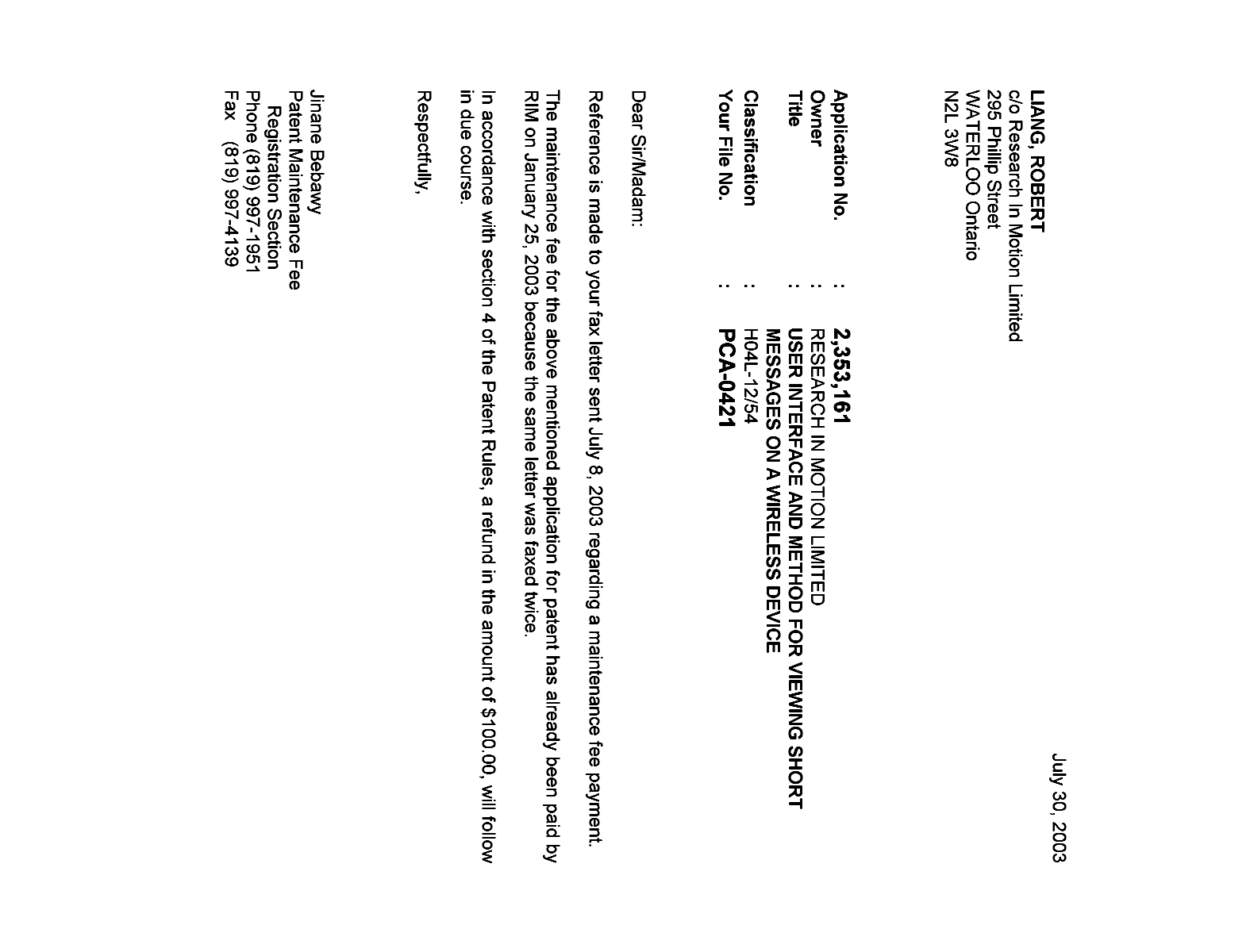 Canadian Patent Document 2353161. Correspondence 20030730. Image 1 of 1