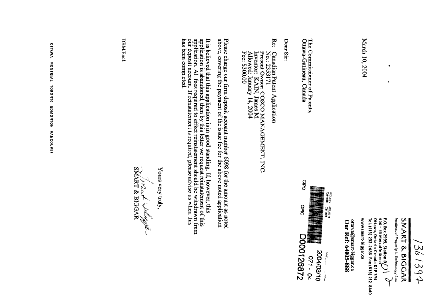 Canadian Patent Document 2353171. Correspondence 20040310. Image 1 of 1