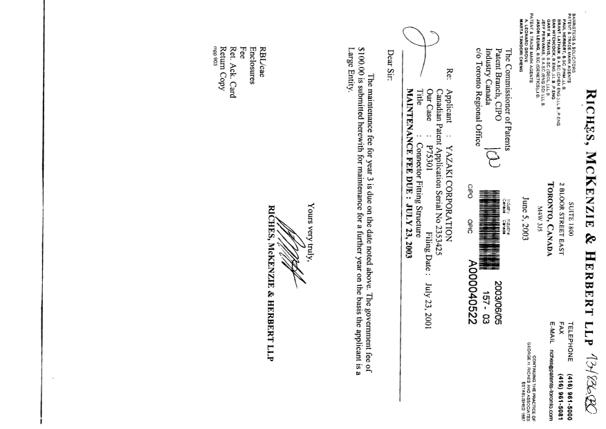 Document de brevet canadien 2353425. Taxes 20030605. Image 1 de 1