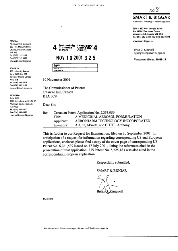 Document de brevet canadien 2353959. Poursuite-Amendment 20011119. Image 1 de 1
