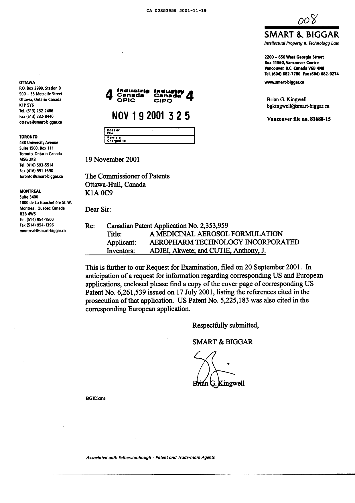 Canadian Patent Document 2353959. Prosecution-Amendment 20011119. Image 1 of 1