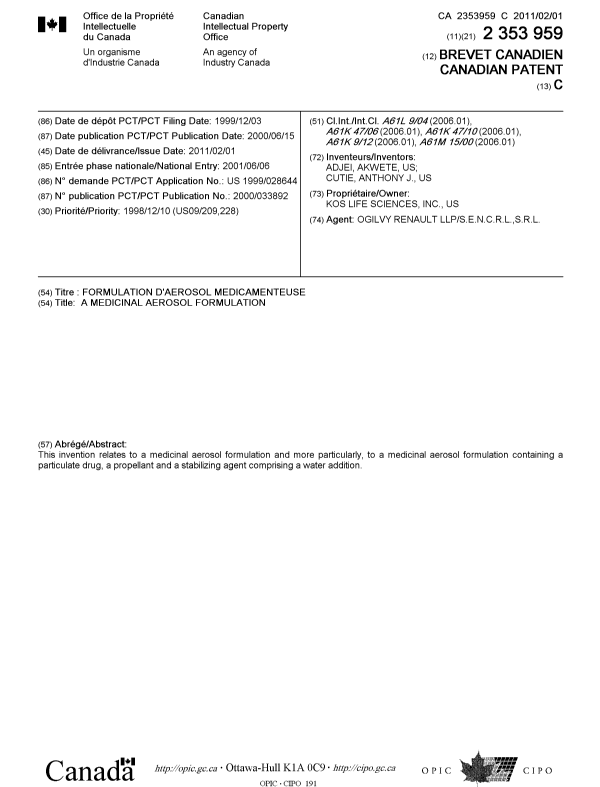 Document de brevet canadien 2353959. Page couverture 20110110. Image 1 de 1