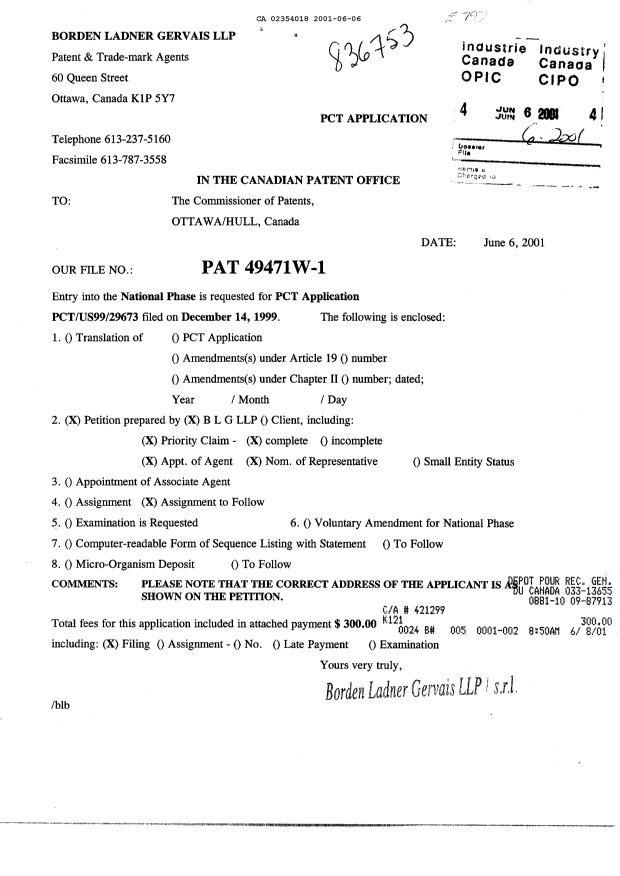 Document de brevet canadien 2354018. Cession 20010606. Image 1 de 3
