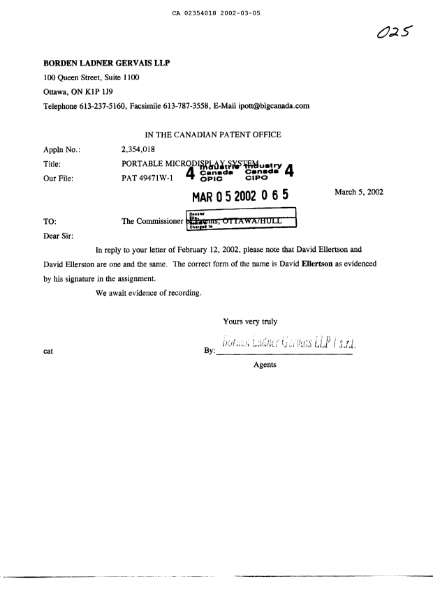 Document de brevet canadien 2354018. Cession 20020305. Image 1 de 1