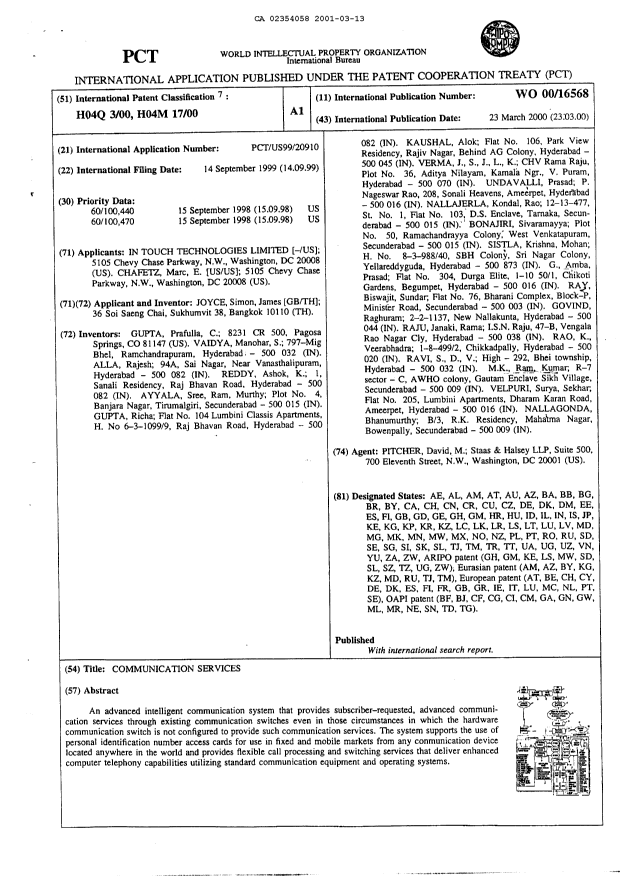 Canadian Patent Document 2354058. Abstract 20010313. Image 1 of 1