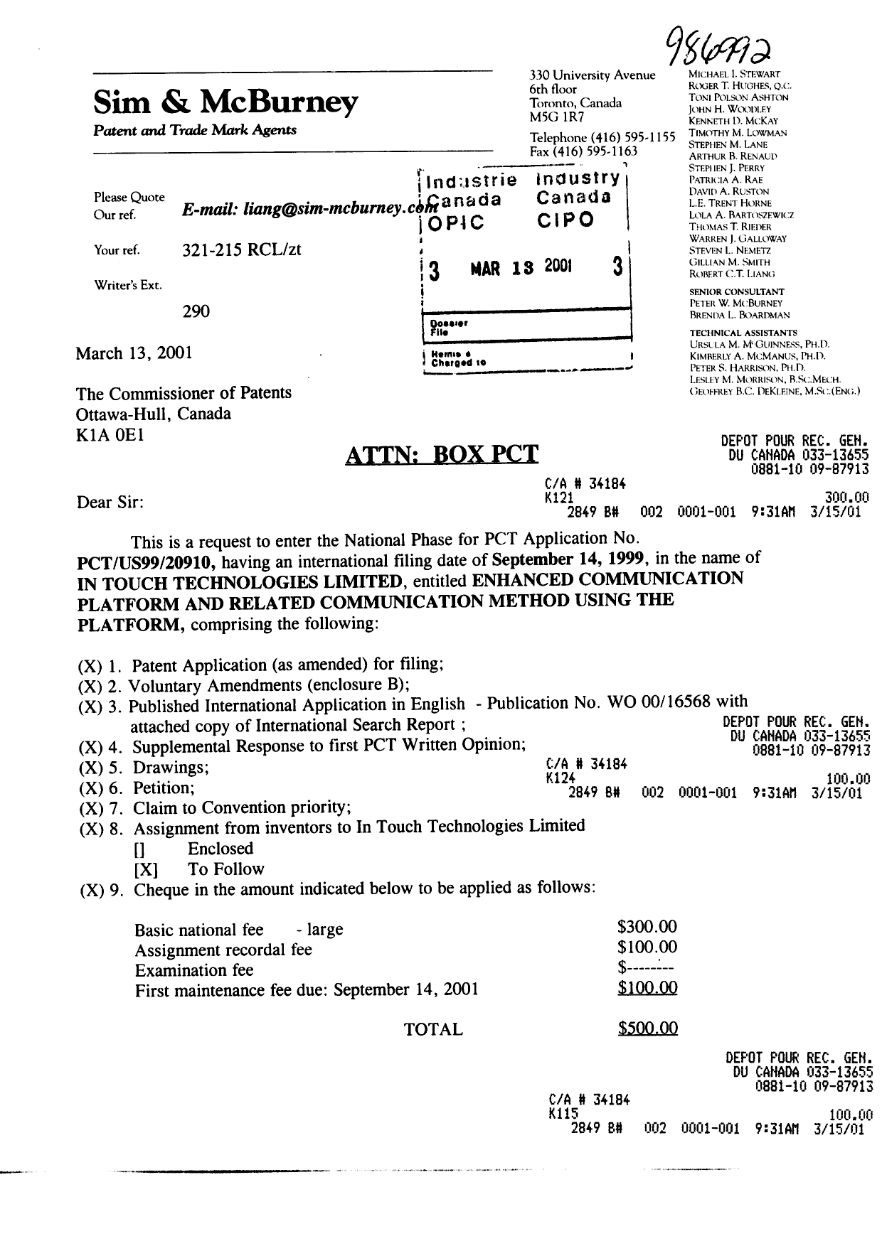 Document de brevet canadien 2354058. Cession 20010313. Image 1 de 10