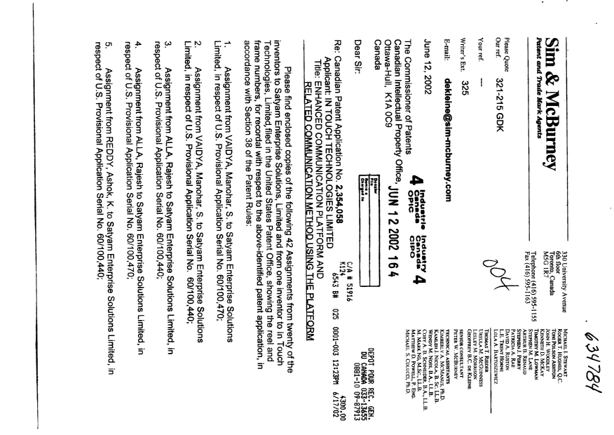 Document de brevet canadien 2354058. Cession 20020612. Image 1 de 134