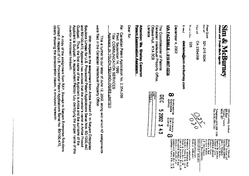 Document de brevet canadien 2354058. Cession 20021205. Image 1 de 8
