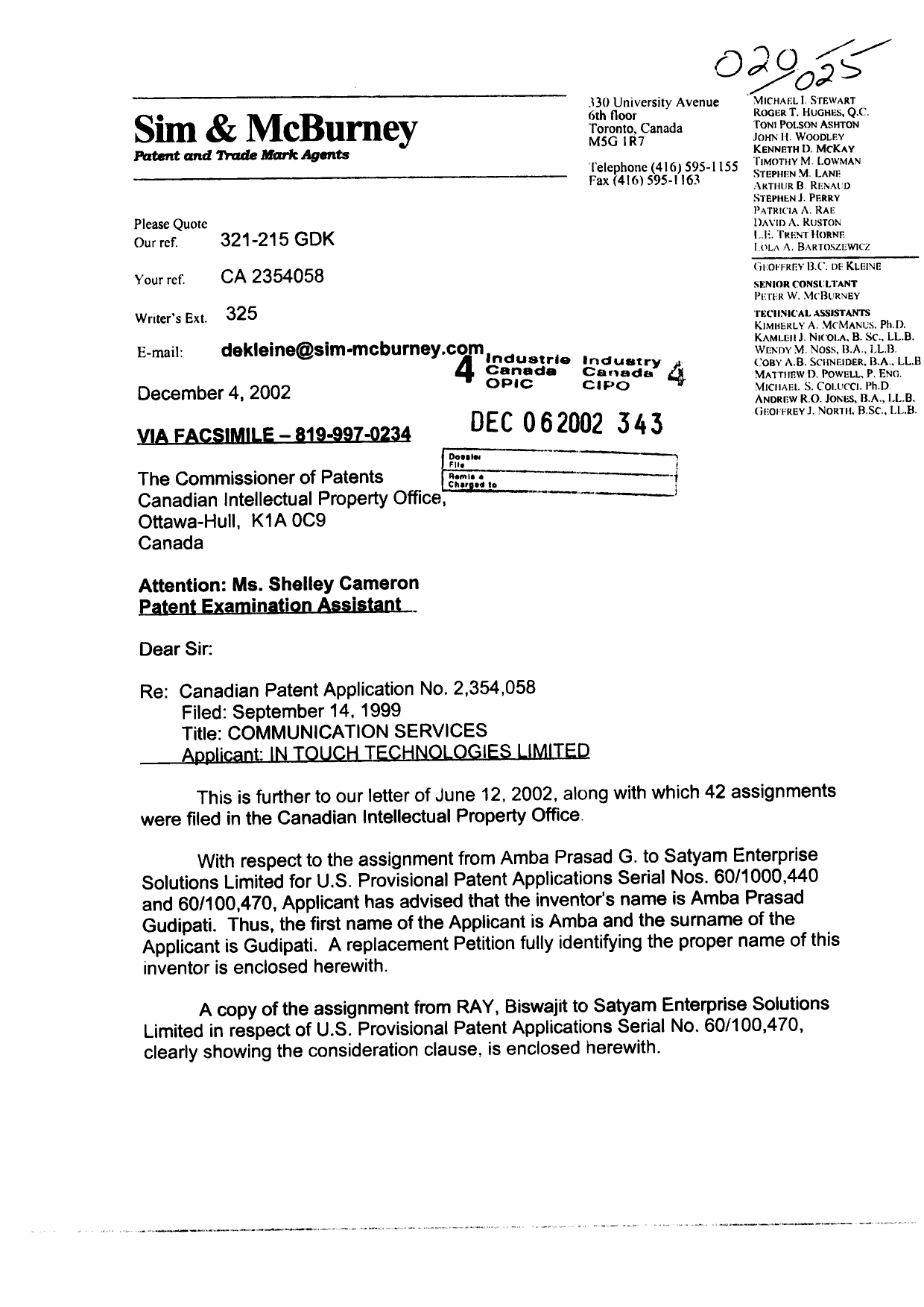 Document de brevet canadien 2354058. Correspondance 20021206. Image 1 de 4