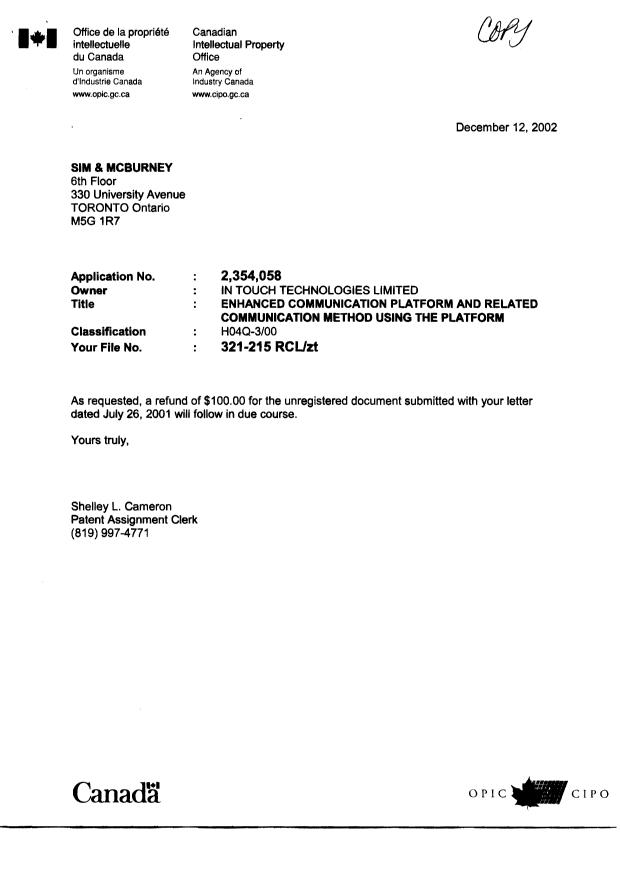 Document de brevet canadien 2354058. Cession 20021212. Image 2 de 15