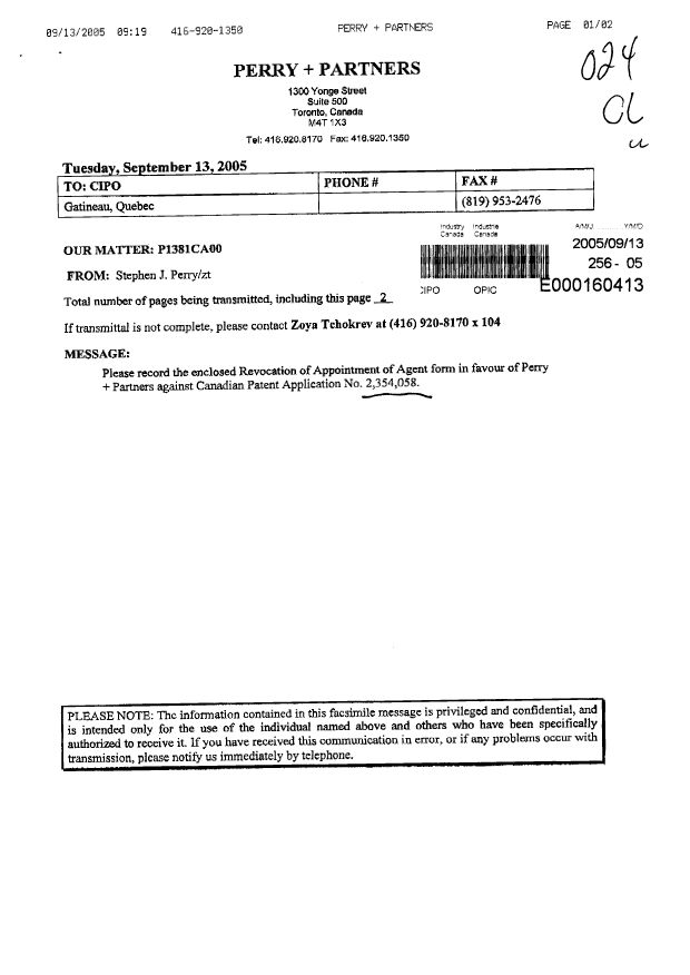 Document de brevet canadien 2354058. Correspondance 20050913. Image 1 de 2