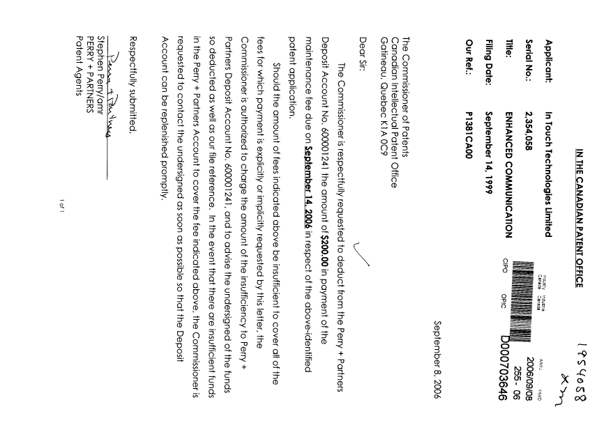 Document de brevet canadien 2354058. Taxes 20060908. Image 1 de 1