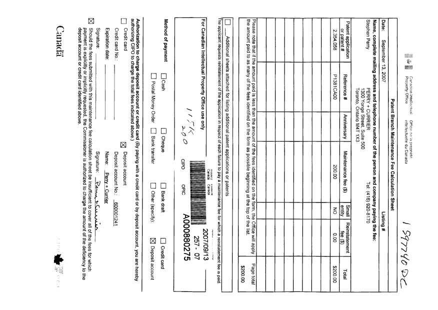 Document de brevet canadien 2354058. Taxes 20070913. Image 1 de 1